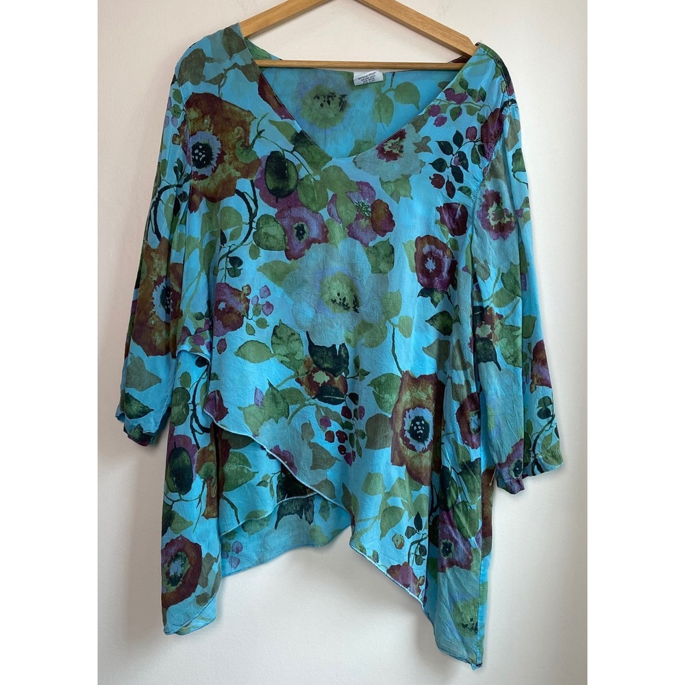 Click Color Me Cotton Blouse Womens XXL Blue Floral Cupro Asymmetric Lagenlook